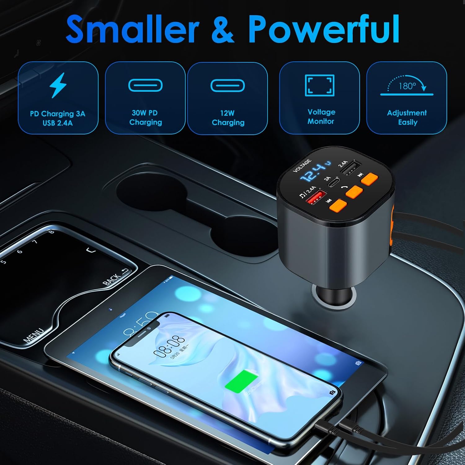 Retractable Car Charger,5 in 1 Fast Car Phone Charger 90W,Bluetooth 5.3 FM Transmitter Adapter,Handsfree Call,2
