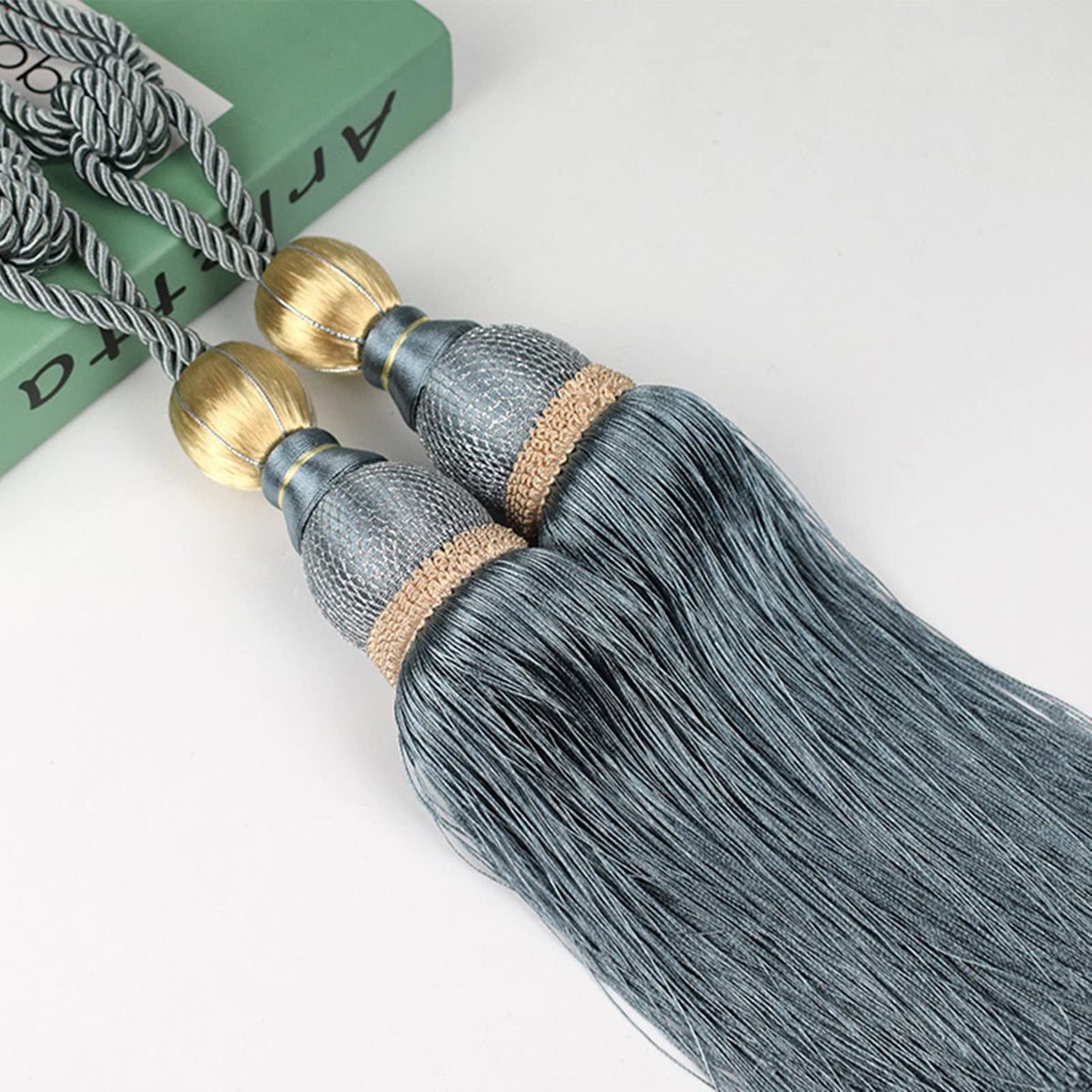 Set of 2 Gray Blue Ball Tassel Curtain Tiebacks Braided Window Decor