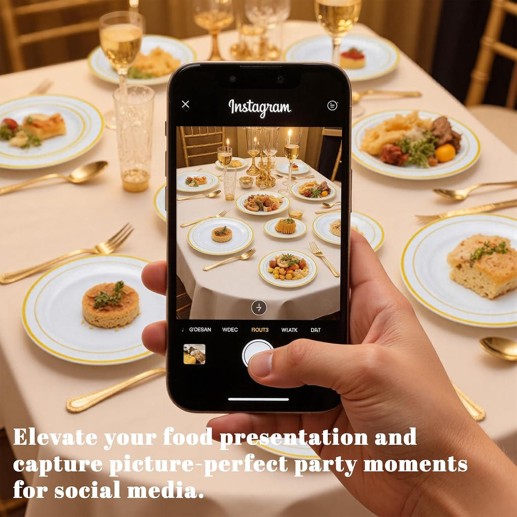 Disposable Plates & Gold Silverware Set, 350 Pieces for 50 Guests
