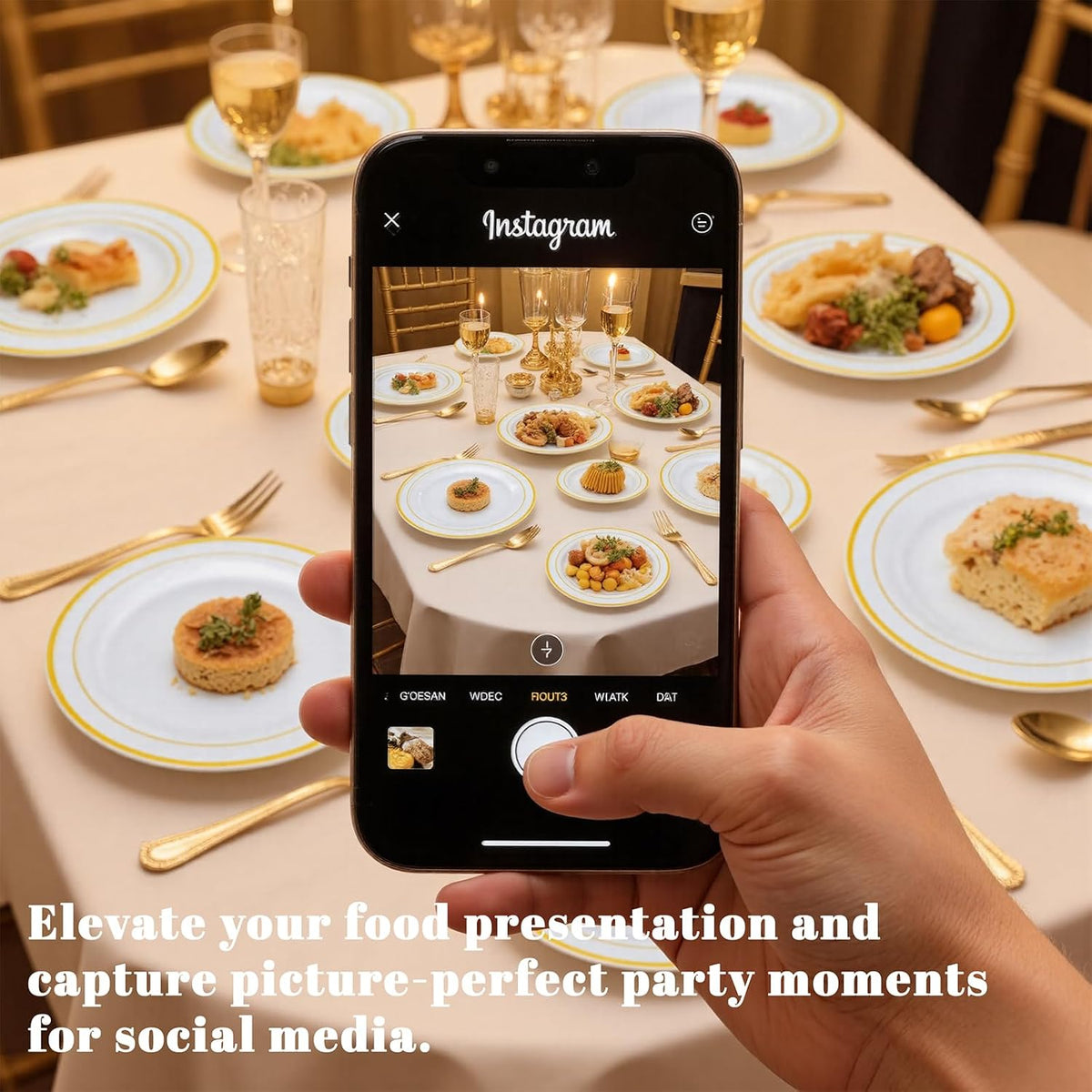 Disposable Plates & Gold Silverware Set, 350 Pieces for 50 Guests