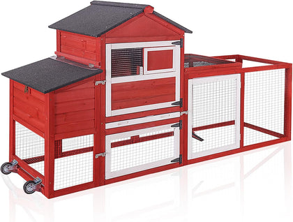 Large Chicken Coop with Wheels, Outdoor Hen House Mobile Poultry Cage with Run, Weatherproof Asphalt Roof