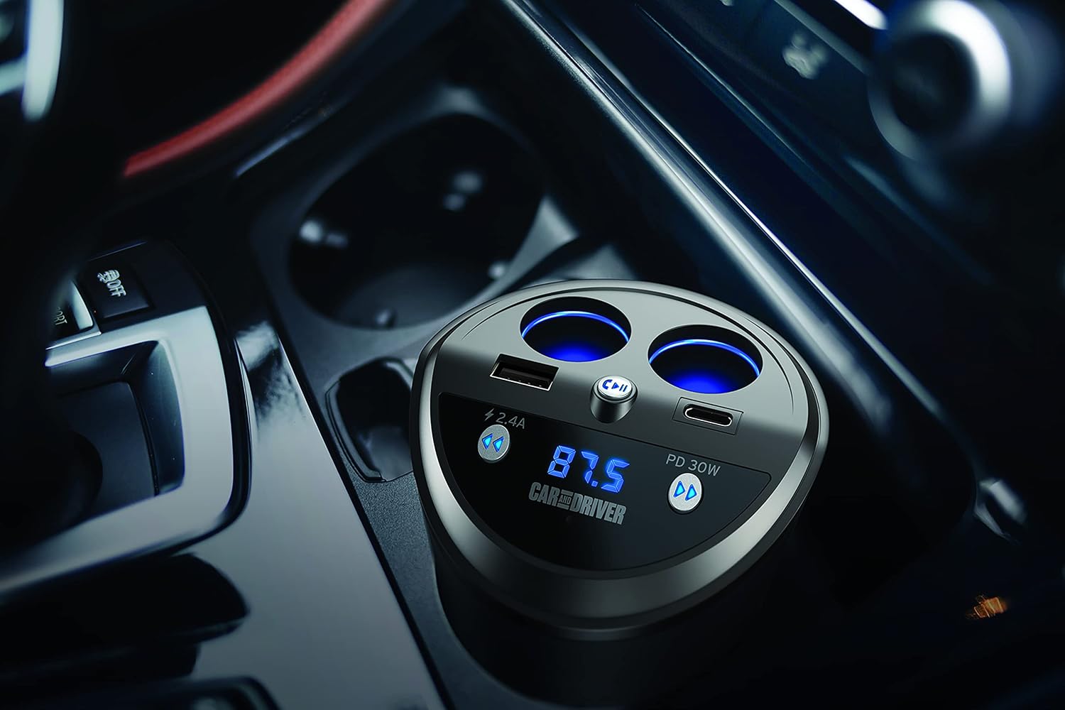 Smart FM Transmitter Bluetooth Cup Holder, Compatible with Alexa, Siri, and Google Assistant for Car, Dual USB-A and
