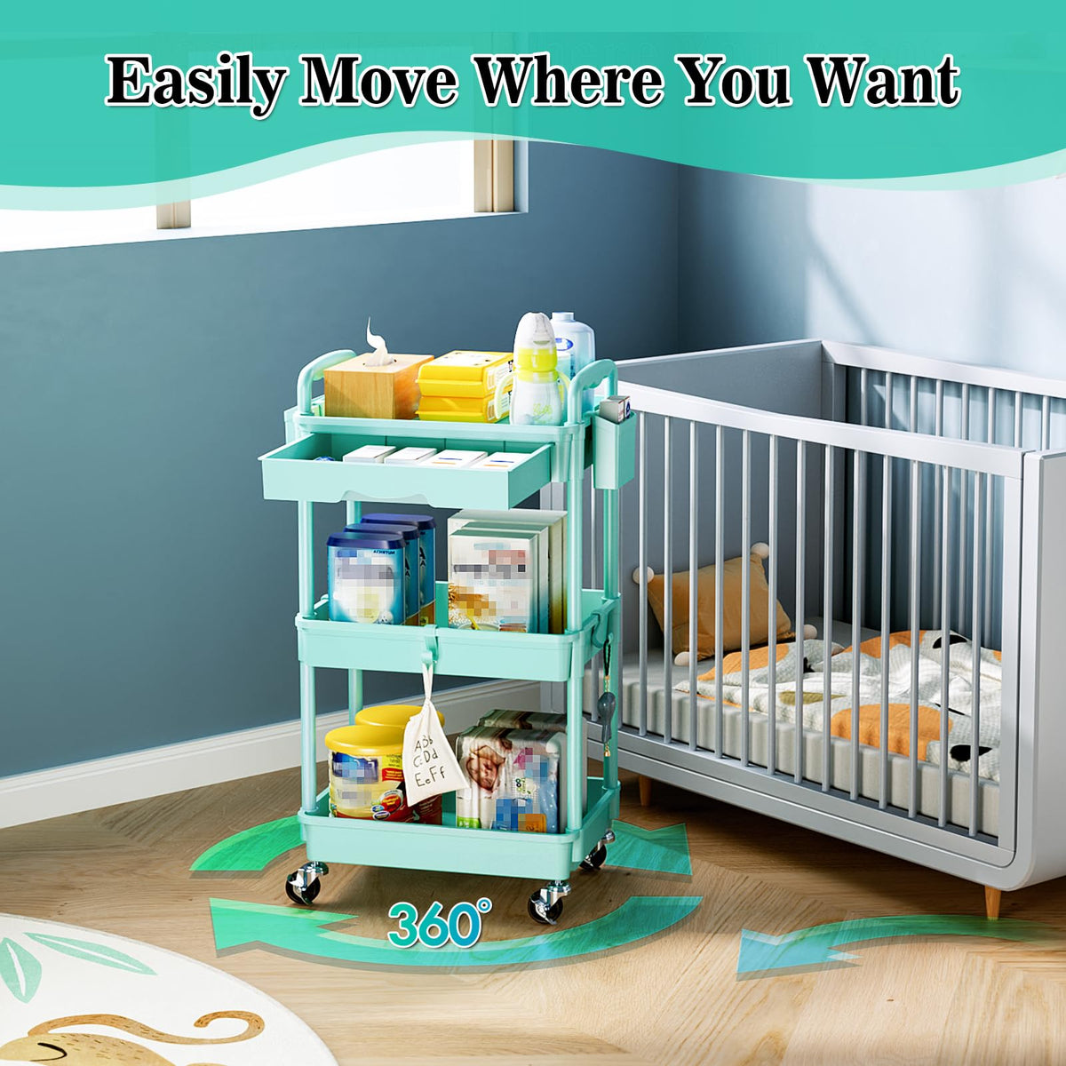3 Tier Rolling Cart with Drawer, Craft Storage Cart Organizer, Blue
