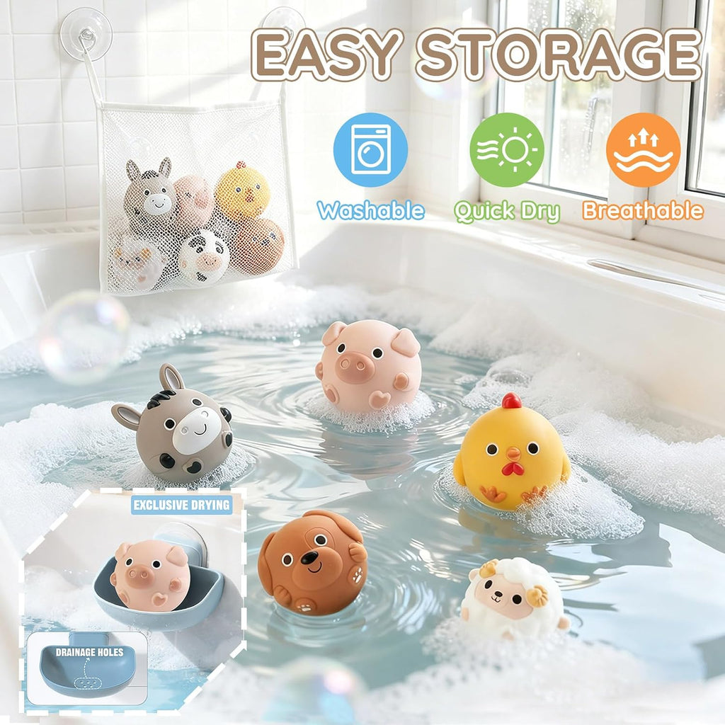 No-Hole Farm Animal Bath Toys for Kids Ages 1-3, Water Slide Toys | Bath Basketball Hoop, Fishing Net, Storage Bag