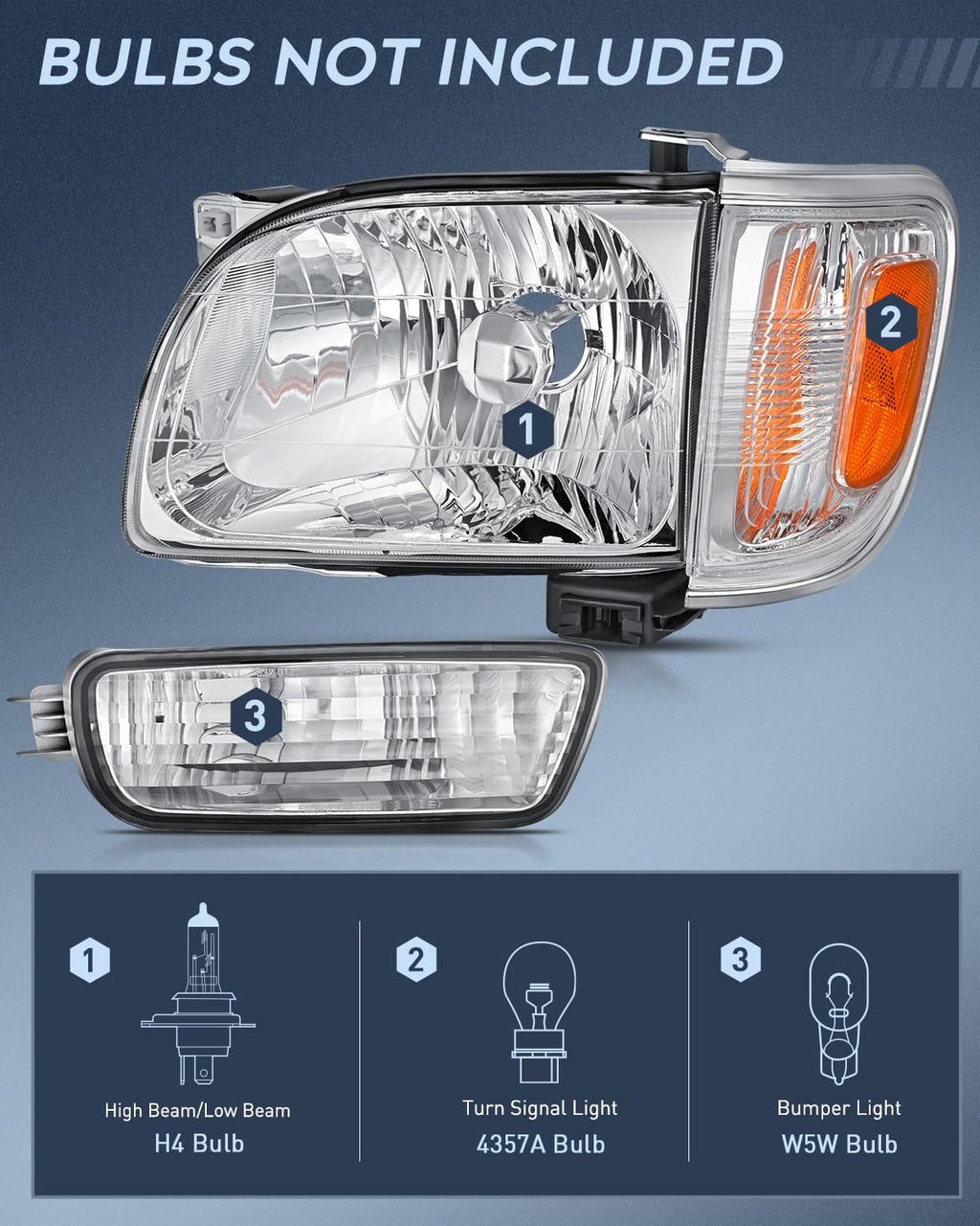 Headlight Assembly Compatible with 2001 2002 2003 2004 Toyota Tacoma Replacement Headlamp Chrome Housing Amber