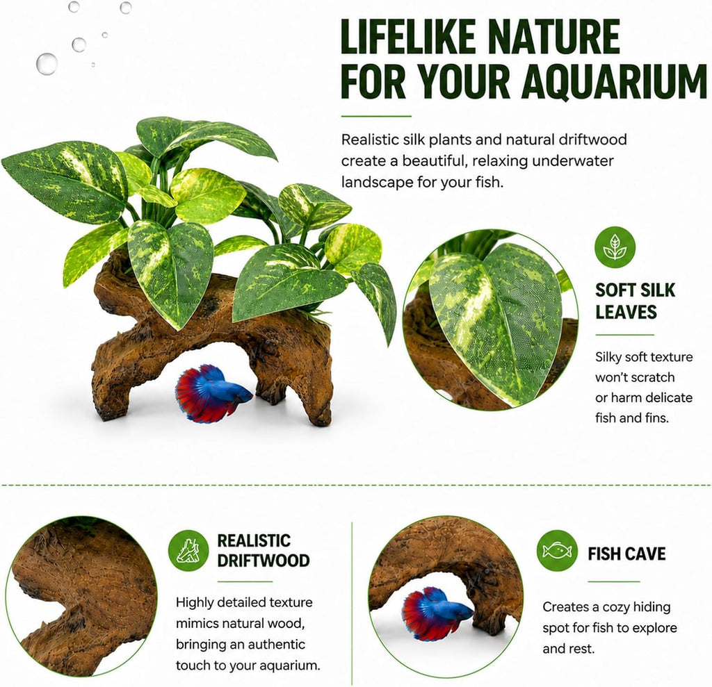9-Pack Silk Aquarium Plants & Driftwood Cave Fish Tank Decor Accessories | Soft Silk Plants Aquarium Decorations