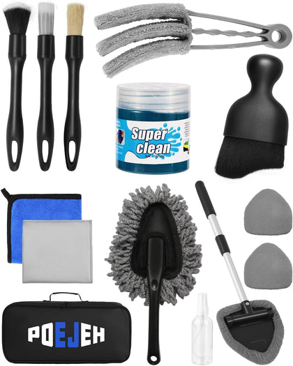 15-Piece Car Interior & Glass Cleaning Kit - 3 Graded Boar Brushes, 3-in-1 AC Vent Shutter Brush, 160g Gel, 180°