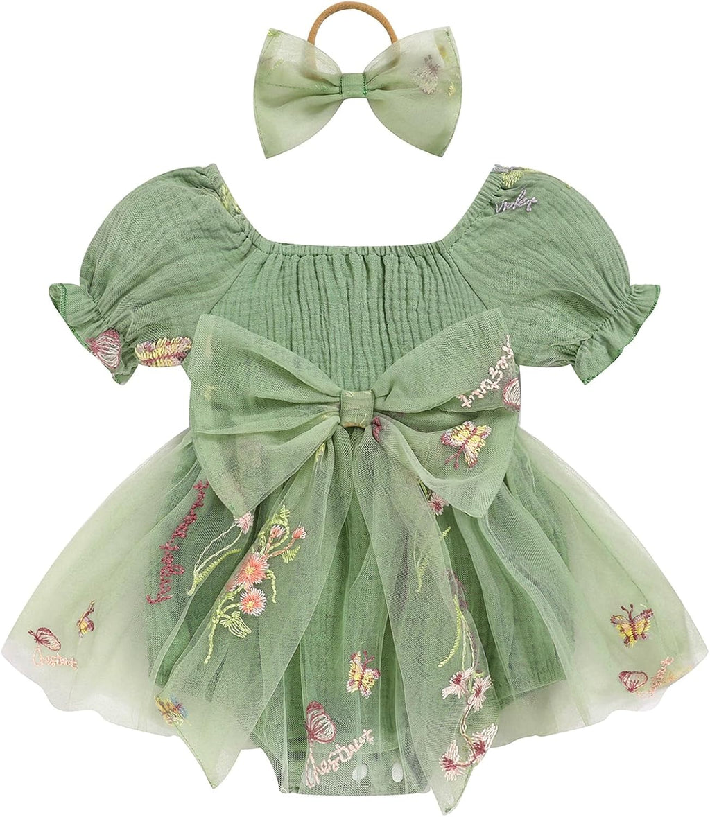 Baby Girl Romper Dress Infant Linen Tulle Bodysuit Puff Sleeve Summer Outfits With Headband Cake Smash Clothes