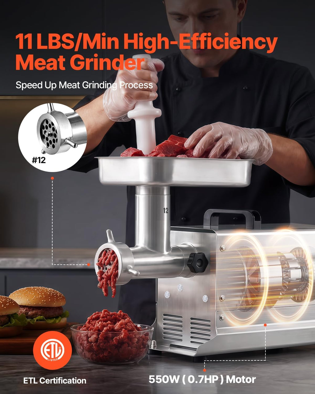 Commercial Meat Grinder, 11 Lbs/Min Capacity, #12 Electric Meat Mincer with 3 Plates, 3 Sausage Stuffing Tubes