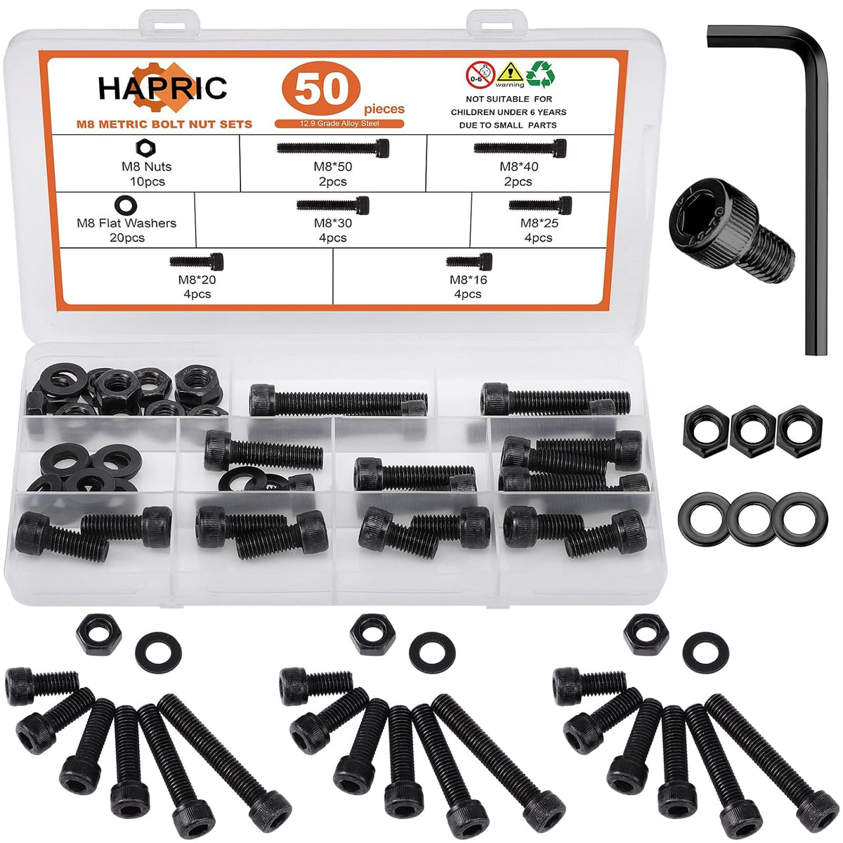 50 Pcs M8 Bolts Kit M8x 16/20/25/30/40/50 mm M8 Screw Kits