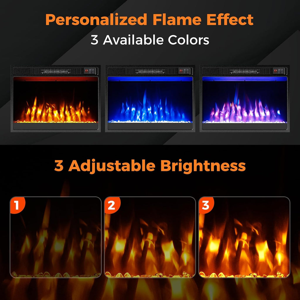 23-inch Electric Fireplace Inserts - 750W/1500W Fireplace Heater w/3 Flame Color, Adjustable Crystal Brightness