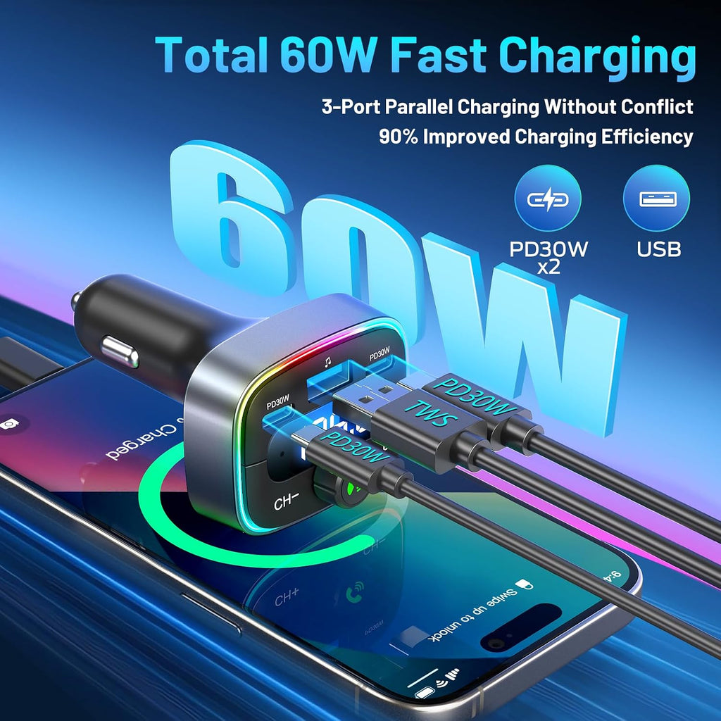 Bluetooth 5.4 Car Adapter 60W Charging USB Bluetooth Adapter for Car,Wireless Fm Transmitter Radio,Handsfree Calling