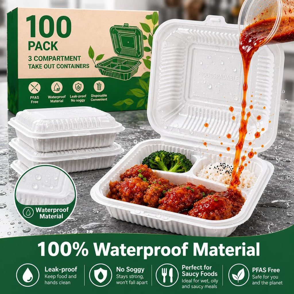 100 Pack 8 x 8 Inch 3 Compartment To Go Food Containers, Waterproof Leak-Resistant Clamshell Takeout Containers