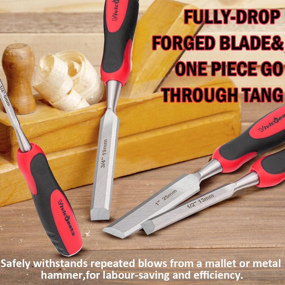 4 Piece Wood Chisel Set for Woodworking CR-V Steel Beveled Edge Wood Chisels with Strike Caps Protective Blade Covers
