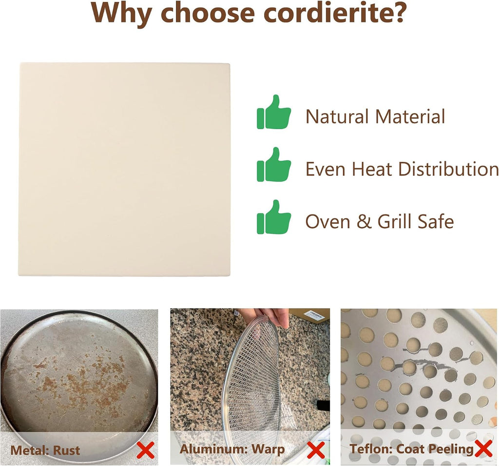 12" x 12" Cordierite Square Pizza Stone for Oven or BBQ Grill