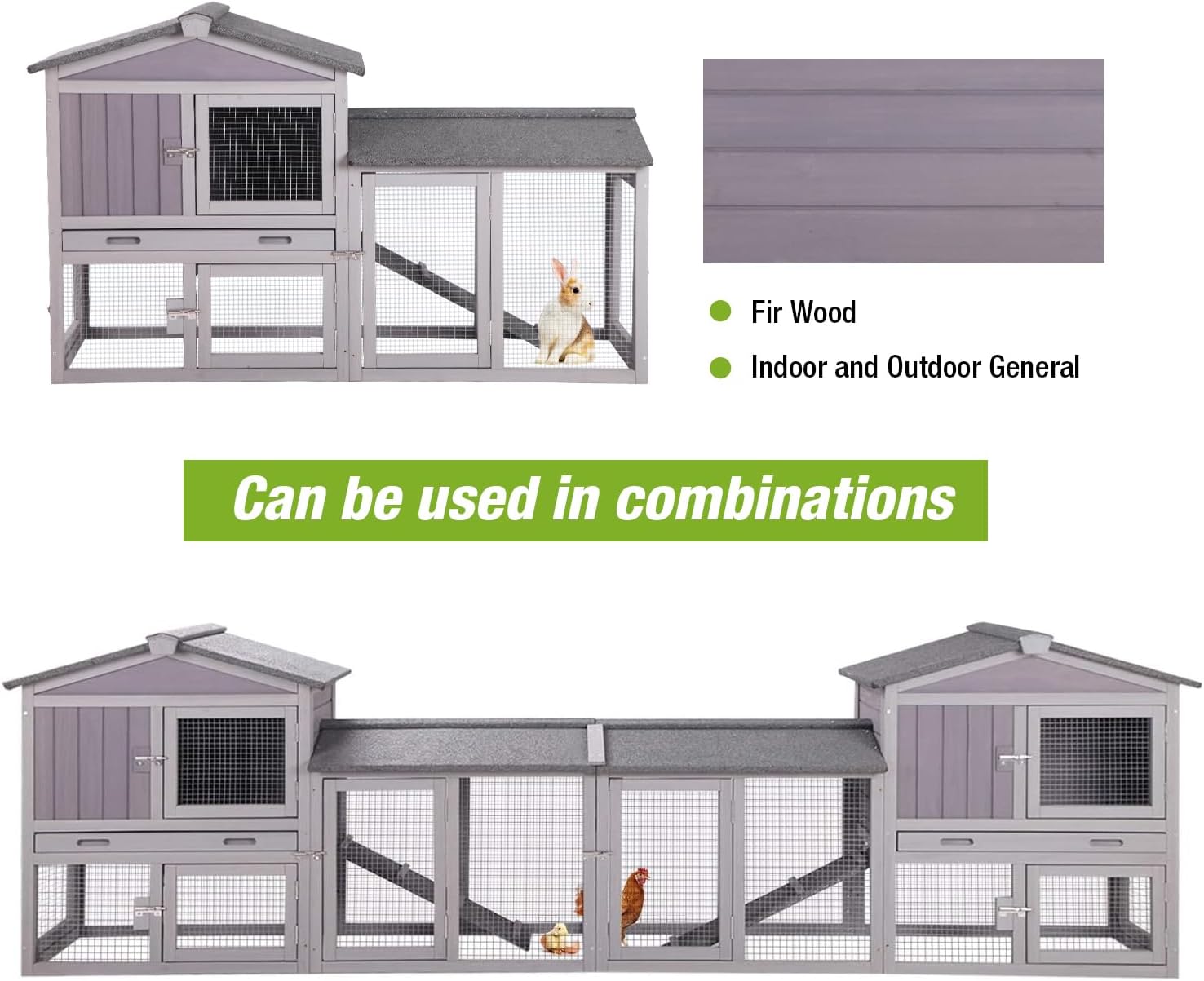 Rabbit Hutch Outdoor No Leak Plastic Tray Bunny Cage Indoor with Large Run Space Extensible Chicken Coop