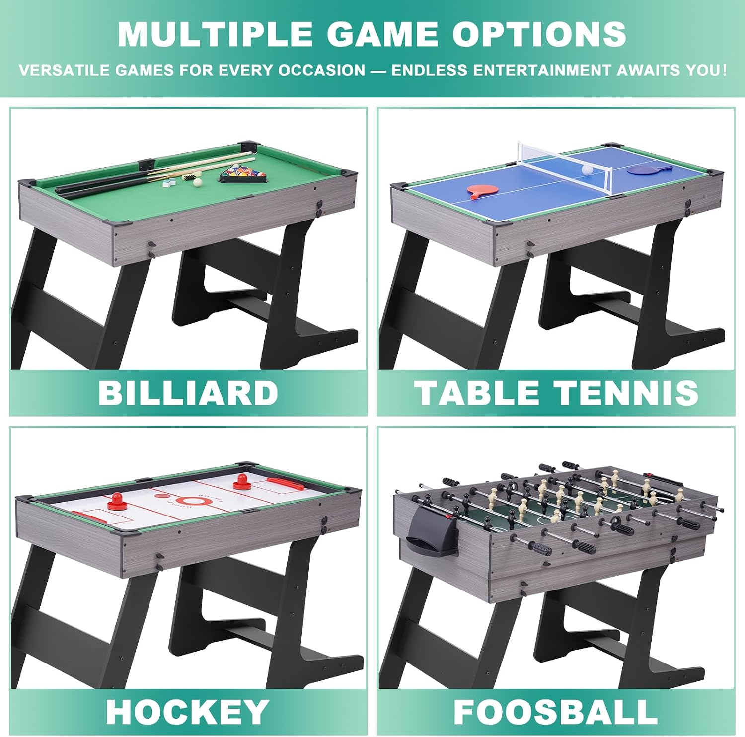 54" 4-in-1 Multi Game Table, Foldable Combo Game Table Set with Ping Pong, Hockey, Pool Billiards and Foosball for