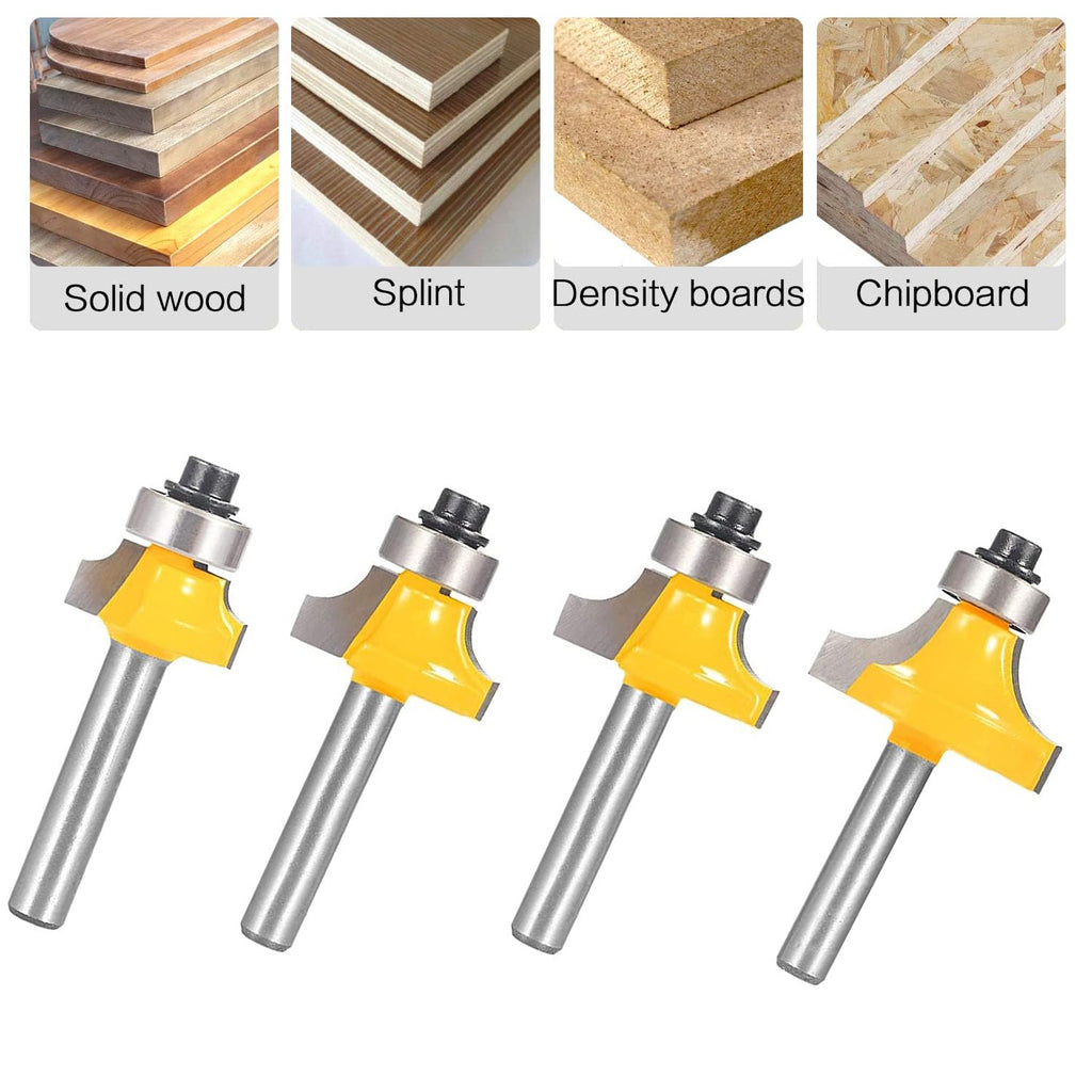 Roundover Router Bit Set，4pcs Router bit Set，1/4 inch Shank，Radius in 1/8", 1/4", 3/16", 5/16"，Bearing Guide for
