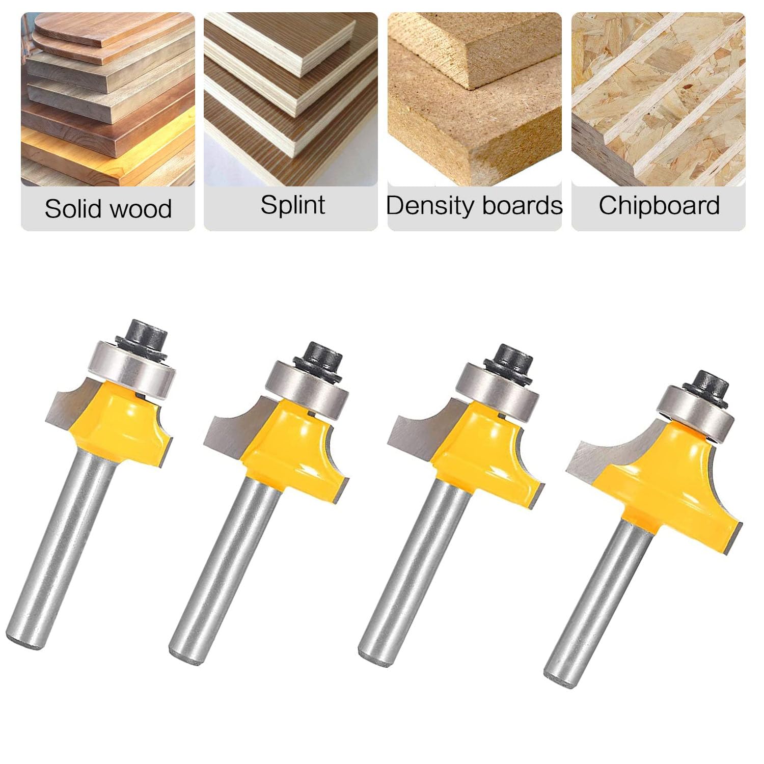 Roundover Router Bit Set，4pcs Router bit Set，1/4 inch Shank，Radius in 1/8", 1/4", 3/16", 5/16"，Bearing Guide for