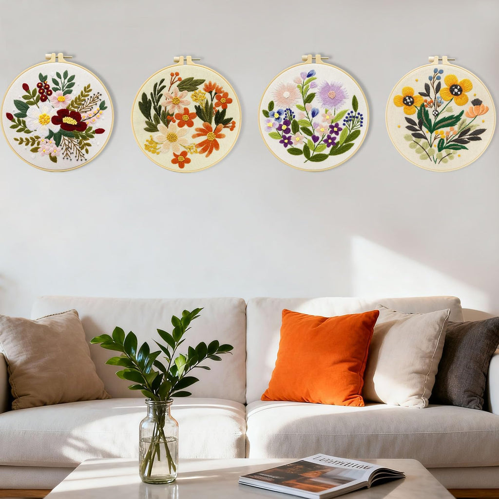 4 Sets Embroidery Set for Beginners Art Crafts Easy Sewing Includes Embroidery Clothes with Pattern, Hoop