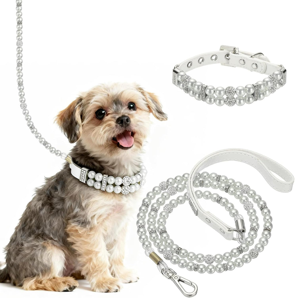Pearl Dog Collar, Bling Pearl Cat Collar with Leash White, M