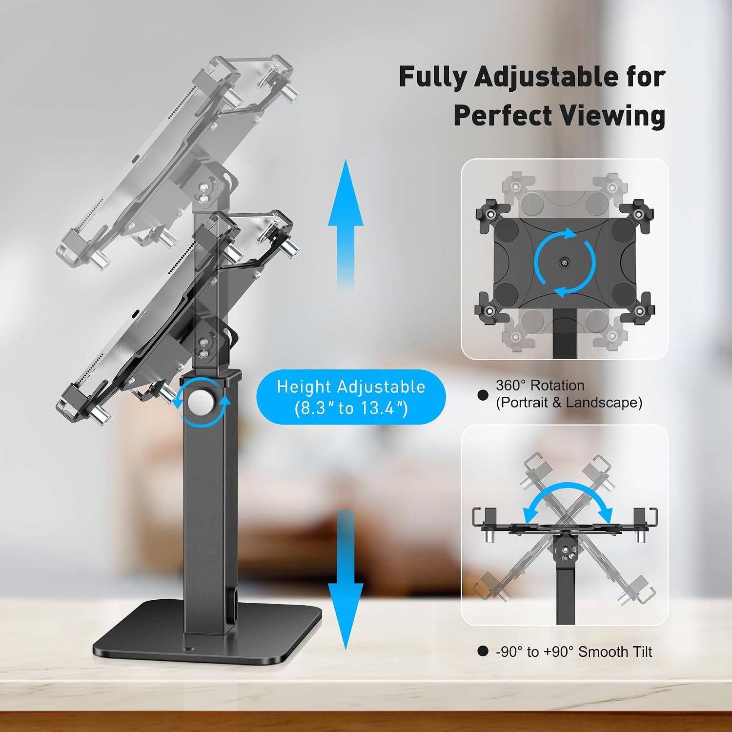 Anti-Theft iPad Kiosk Stand, 360 Rotation & Adj. Height 8.3"–13.4", Heavy-Duty Steel & Aluminum, Fits 9.7"-13"