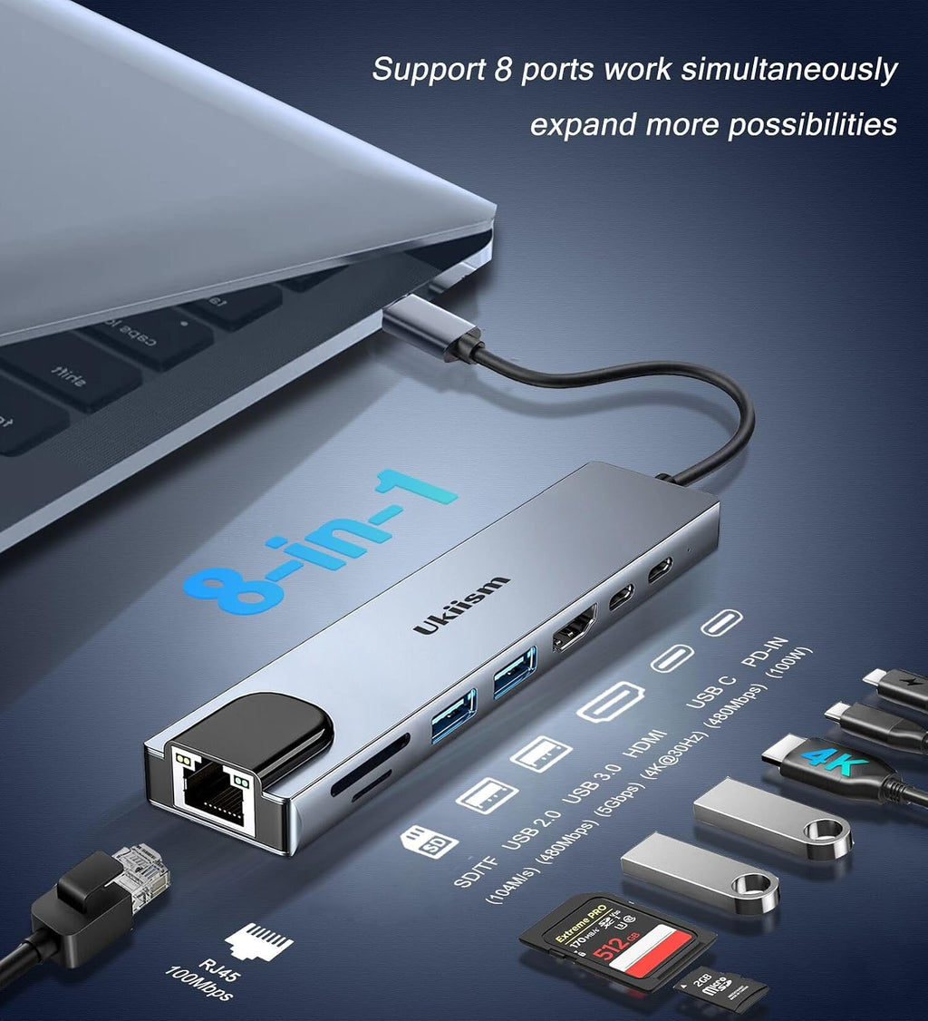 USB C Hub Ethernet HDMI Adapter, 8 in 1 Docking Station with 4K HDMI, RJ45 Ethernet, SD/TF Card Reader, USB 3.0/2.0