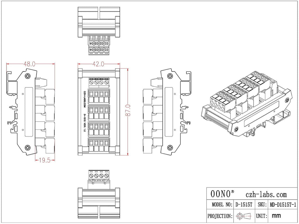 Slim DIN Rail Mount 10A/300V Pluggable Screw Terminal Block Distribution Module (5x4 Position)