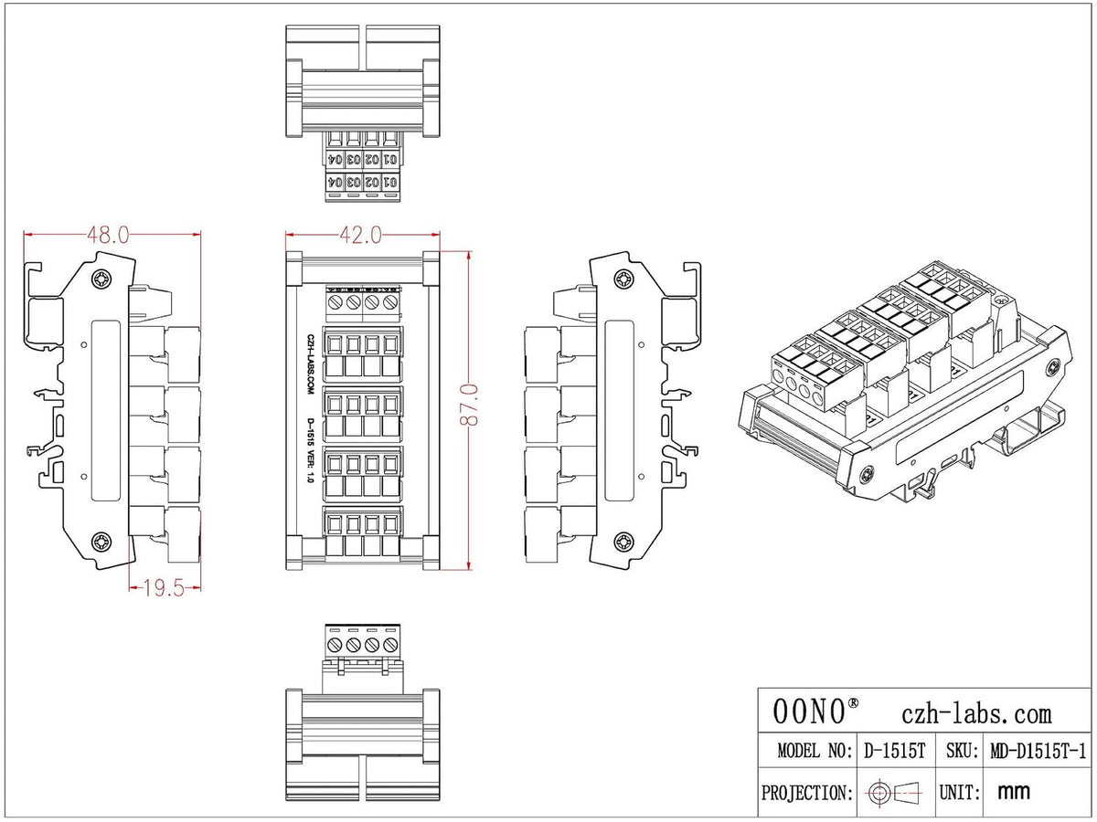 Slim DIN Rail Mount 10A/300V Pluggable Screw Terminal Block Distribution Module (5x4 Position)