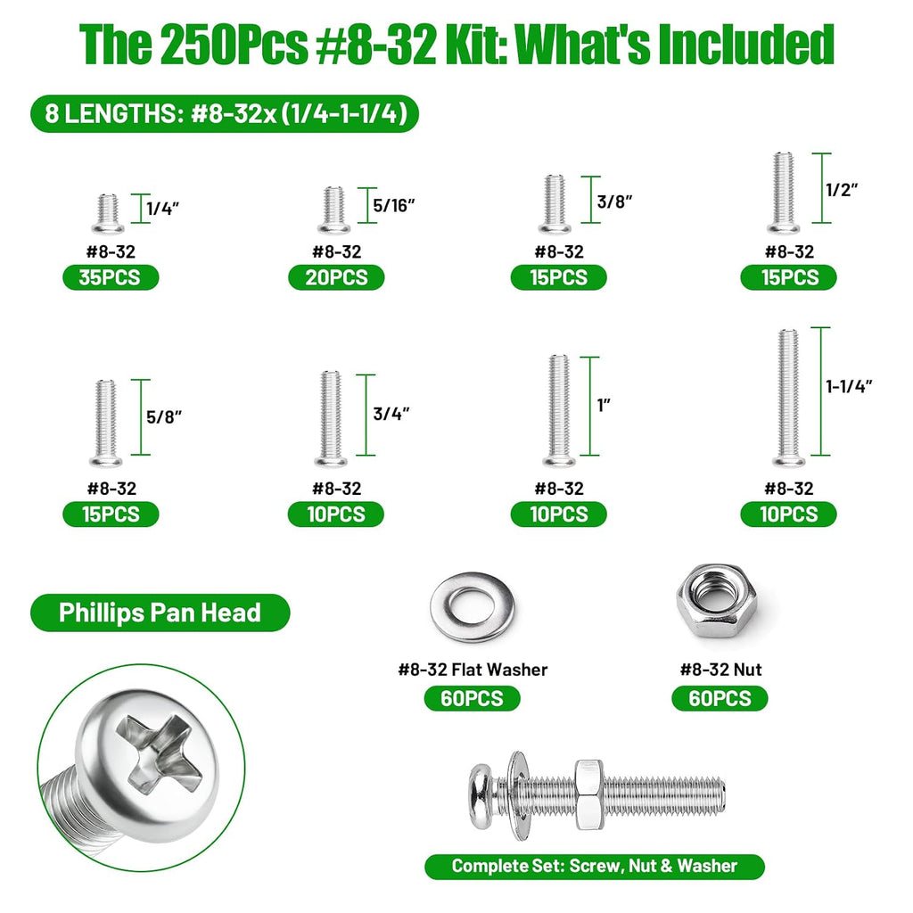 250 Pcs #8-32 Pan Head Machine Screws Nut Washer Bolt Kit,304 SS