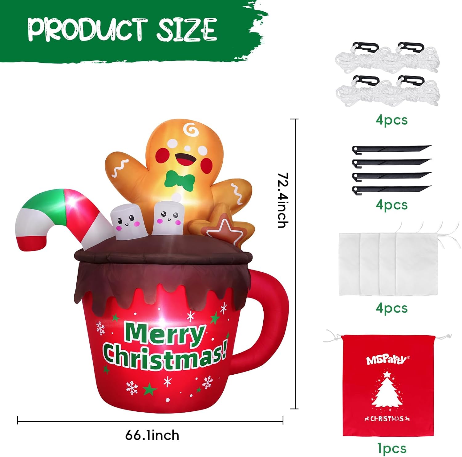 6FT Christmas Inflatables Outdoor Decorations, Gingerbread Christmas Inflatable Hot Cocoa Mug with Built-in LEDs Blow