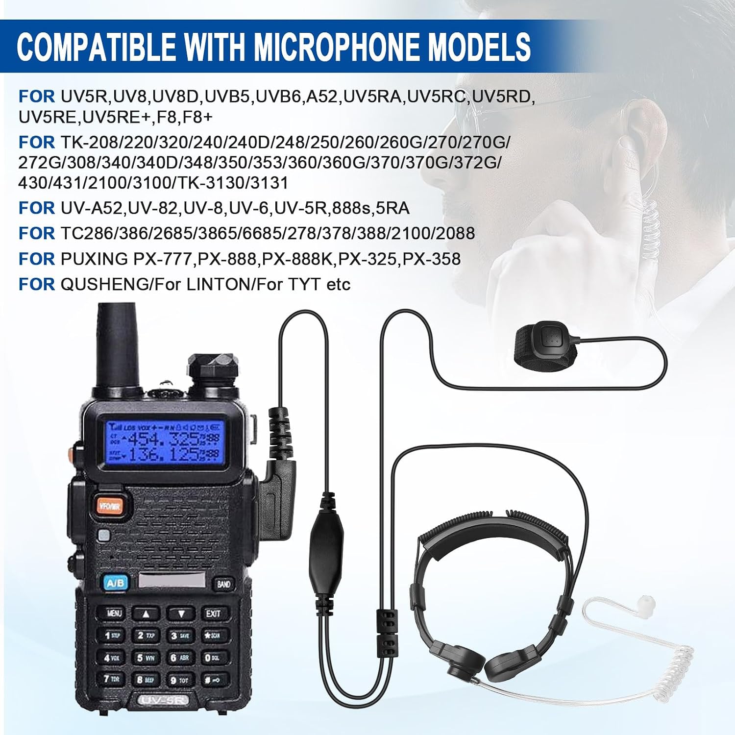 Tactical Throat Mic Headset Earpiece for Baofeng UV5R UV5R+ BF-888S | 1-Pack Walkie Talkie Acoutic Tube Earpiece PTT