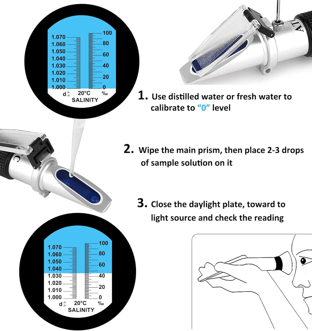Salinity Refractometer for Aquarium Seawater Marine Fishkeeping | Salinity Tester 0-100PPT & 1.000-1.070 Salinity