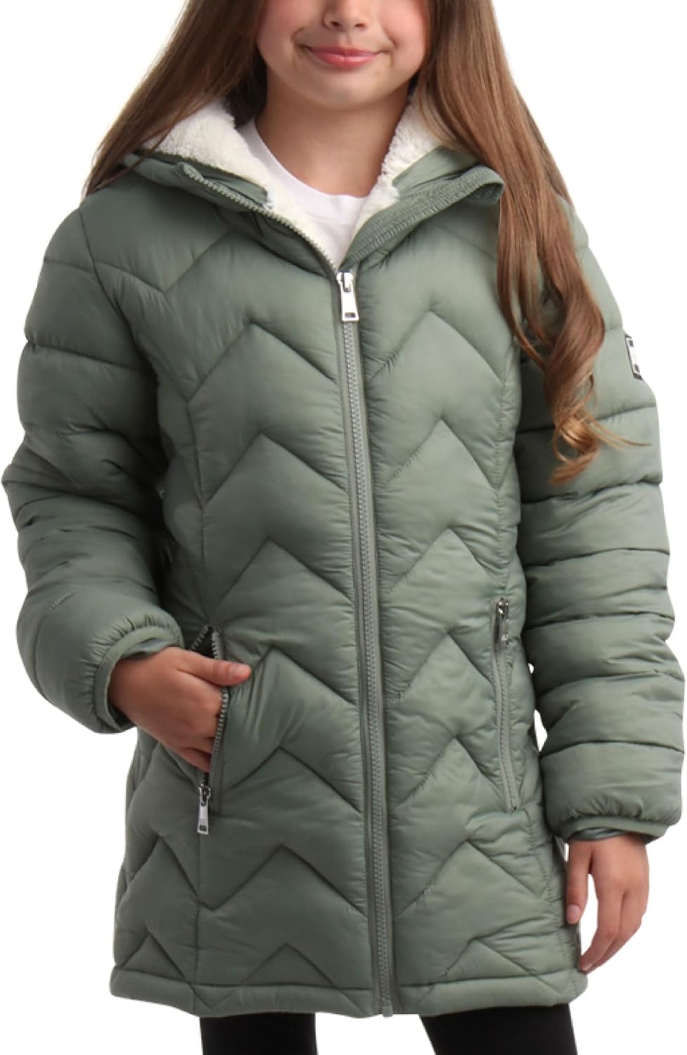 DKNY Girls Winter Jacket, Mid Length Quilted Puffer, Sherpa Insulated Coat | Full Plush Sherpa Lining for Heavyweight
