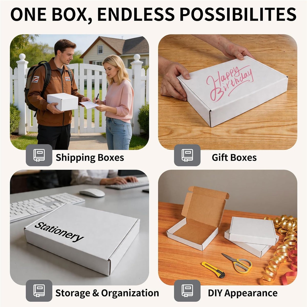 11" x 8" x 2" White Corrugated Cardboard Shipping Boxes Set of 25