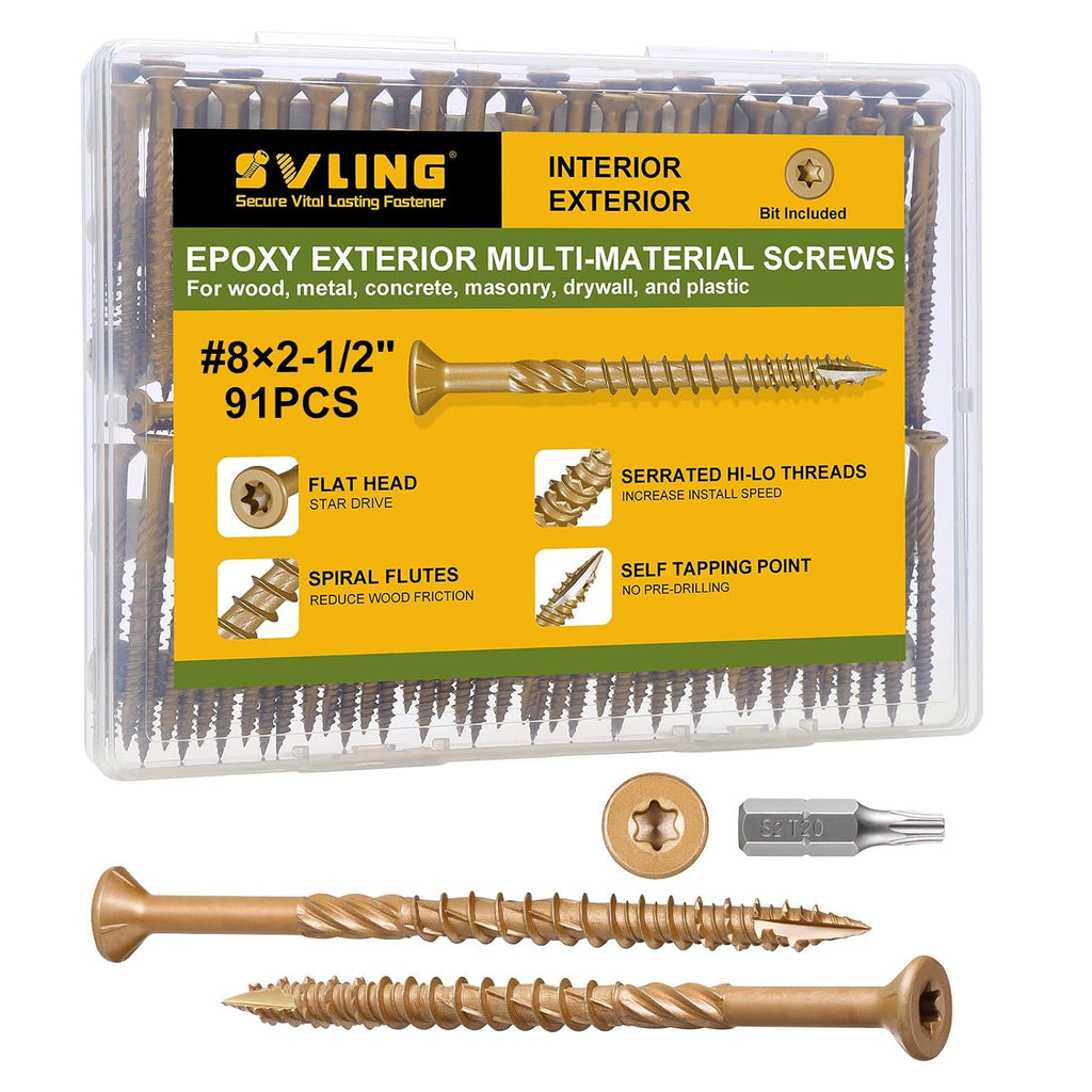 Deck Screws #8 x 2-1/2 Inch, 91 PCS Wood Screws Torx Drive Head for Outdoor Decking Wood Fence, Exterior Epoxy Coated