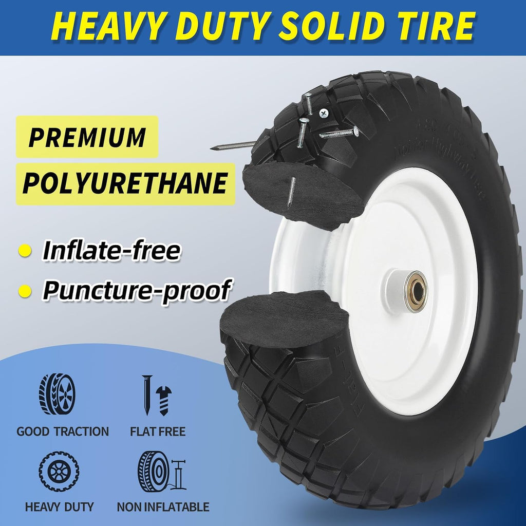 4.80/4.00-8" Wheelbarrow Tire, 16" Flat-Free Solid Tire and Wheel, 3" Centered Hub, 5/8" Axle Bore Hole, for Garden