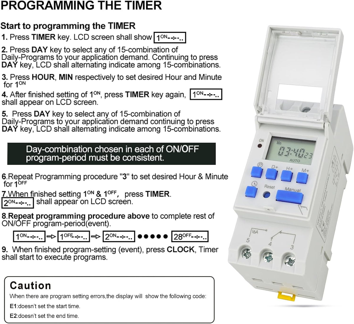 BAOMAIN 12V AC/DC Digital Programmable Timer Switch 16A DIN Rail Mount