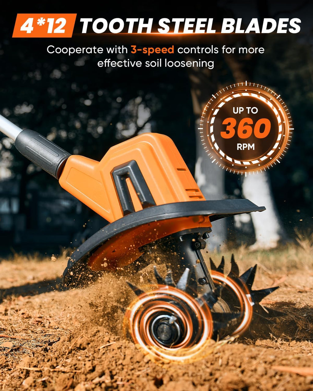 22V Cordless Garden Tiller for Gardening with Adjustable Speed | 3 Adjustable Speed,360RPM,9-Inch Tilling Width