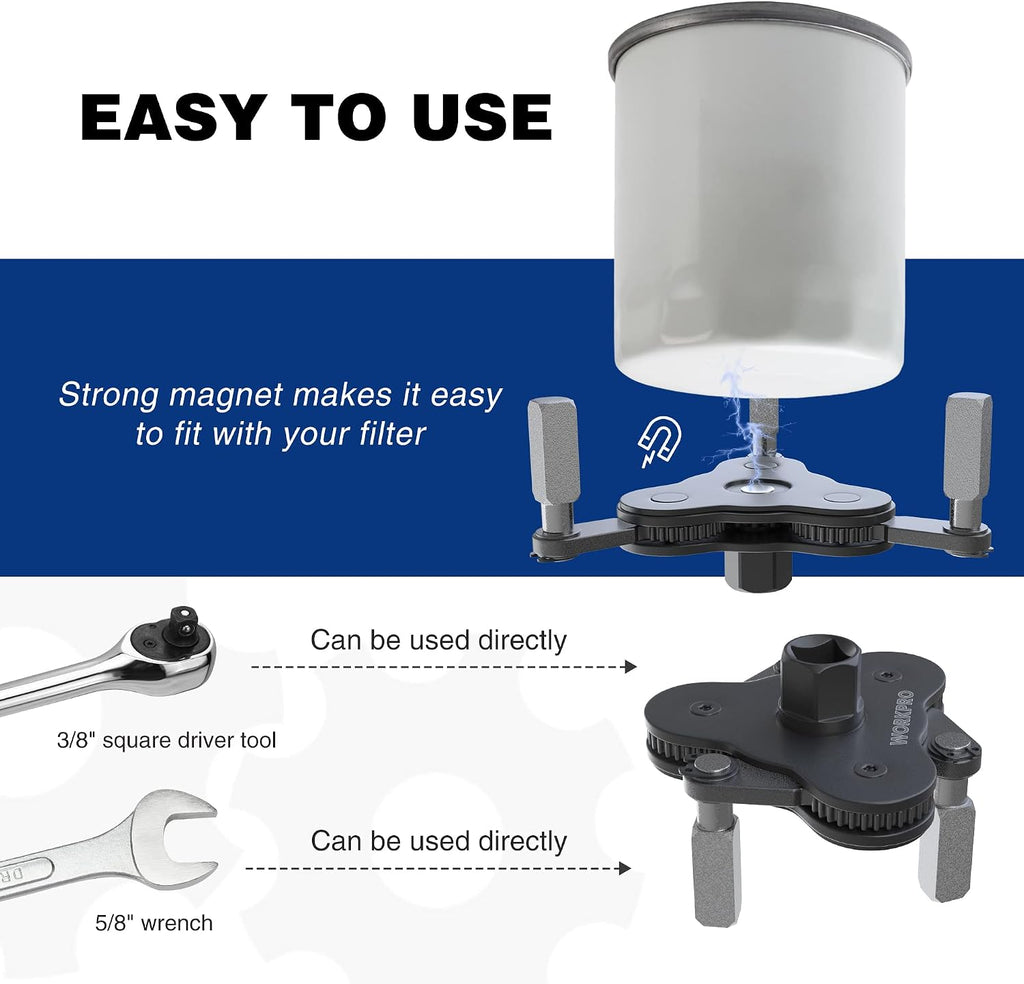 Universal Oil Filter Wrench Adjustable (2-3/8 to 3-3/4"), Magnetic Oil Filter Removal Tool, Oil Filter Change Set
