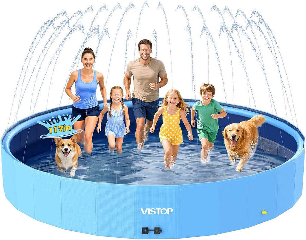 117" Extra Large Dog Pool with Sprinkler, Heavy Duty Foldable Hard Plastic Kiddie Pool, Non-Slip Collapsible Swimming