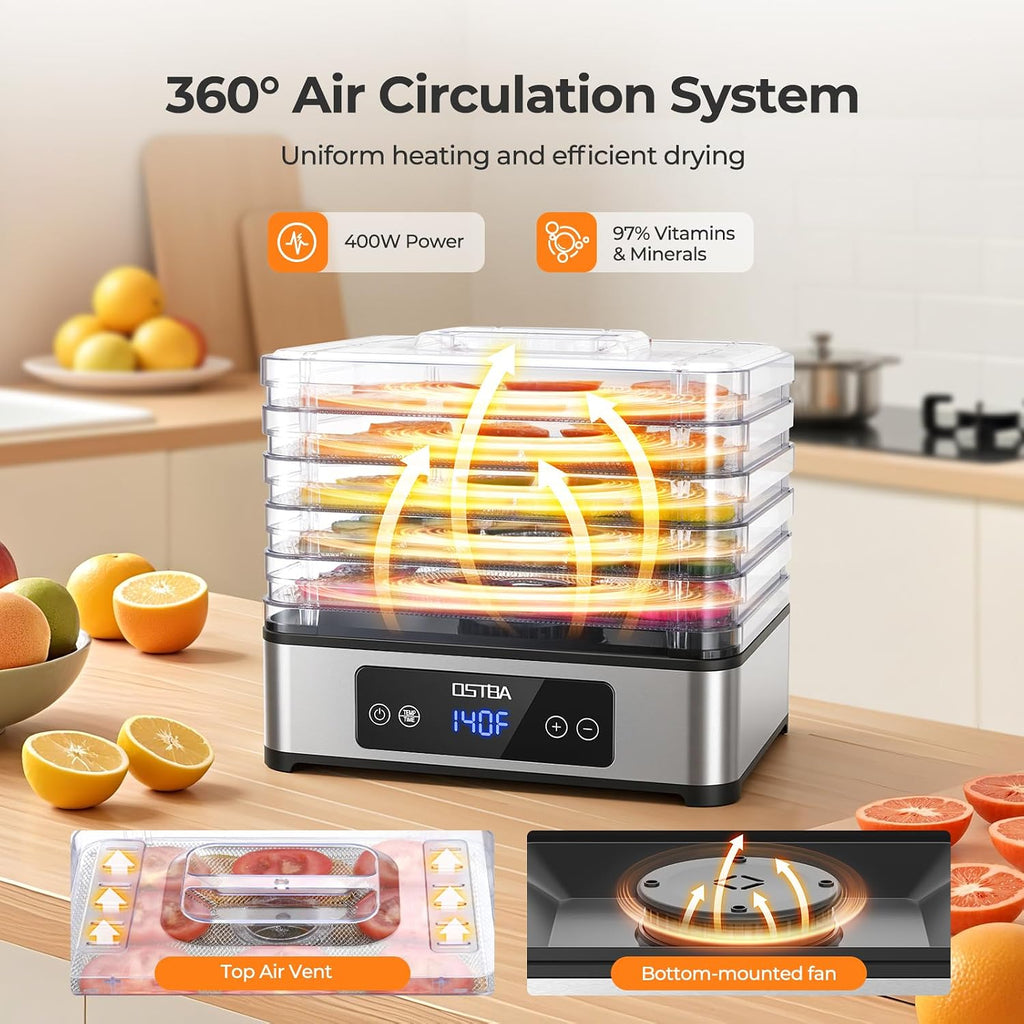 Food Dehydrator, 5 Stainless Steel Trays, 160°F Temp Control, 400W