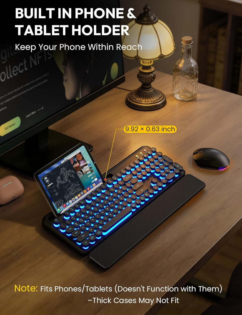 Wireless Keyboard and Mouse, Backlit Typewriter with Magnetic Wrist Rest | Phone Holder, Light Up Round Keycaps