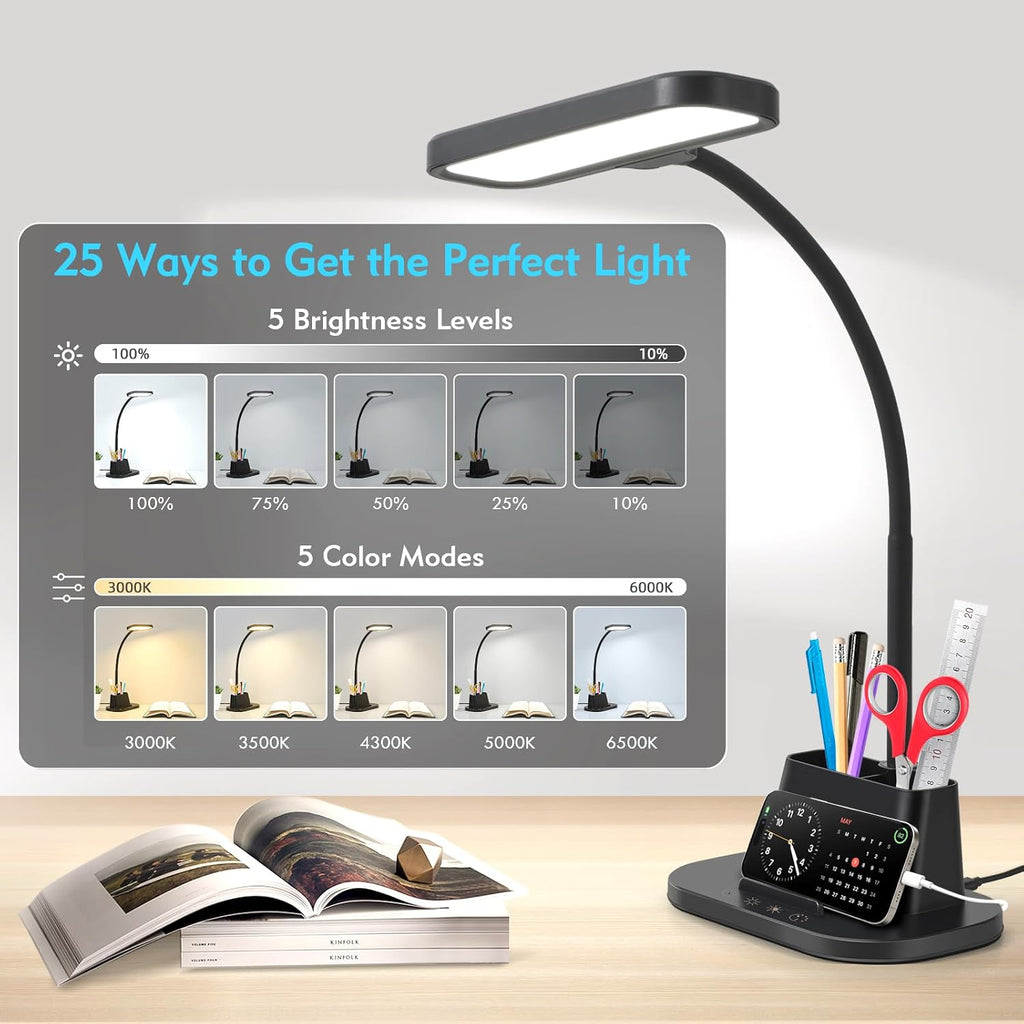 Desk Lamp for Home Office Reading Light with USB Charging Port Black | Small Desk Lamps with Pen Holder, 5 Color
