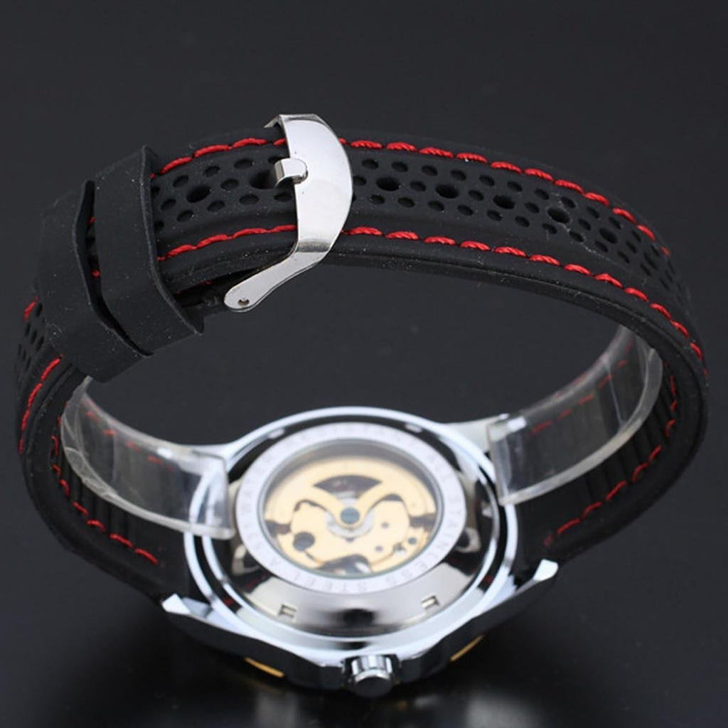Black Silicone Golden Skeleton Automatic Mechanical Mens Sport Watch