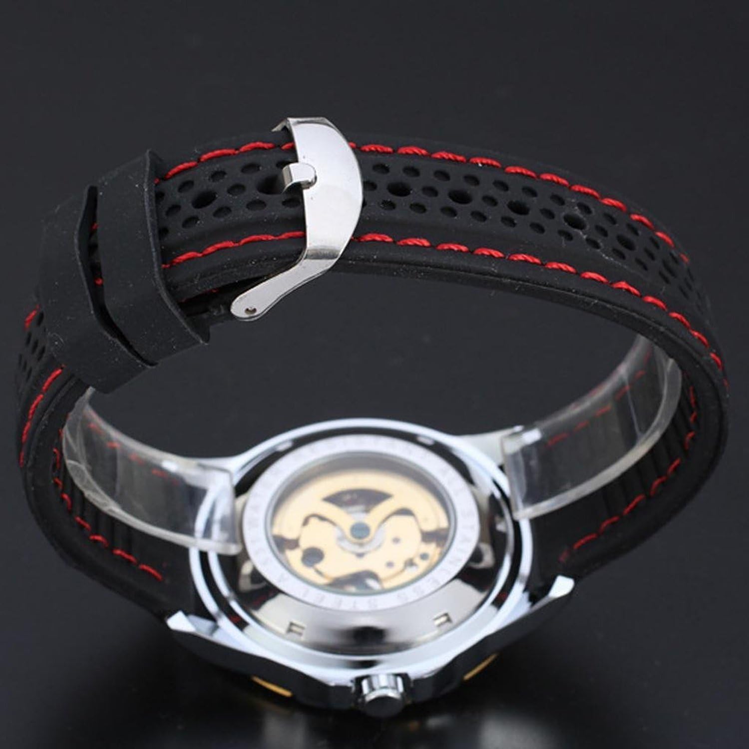 Black Silicone Golden Skeleton Automatic Mechanical Mens Sport Watch