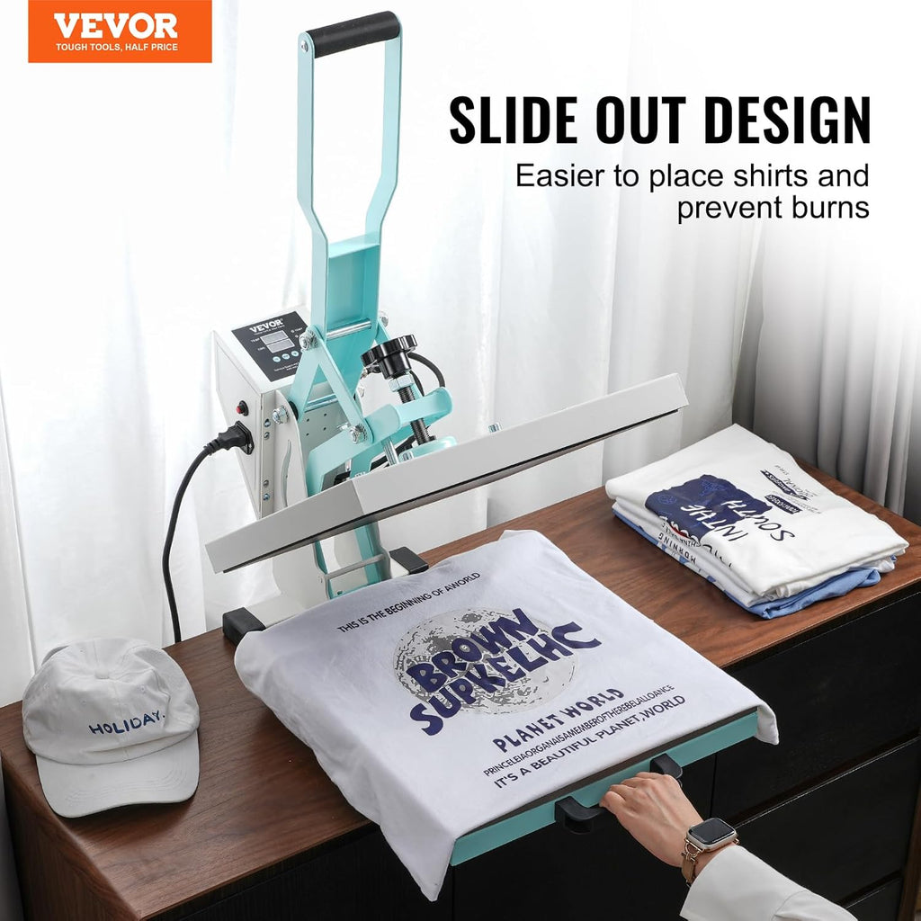Heat Press Machine 15x15 in Slide Out Heat Transfer Machine Green | DIY Projects for Shirts Hoodies Pants Pillows
