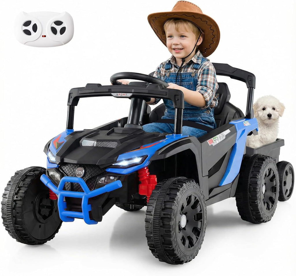 Kids Ride On UTV Car with Detachable Trailer, 12V Battery Powered Electric Vehicle with Remote Control, 3 Speeds, LED