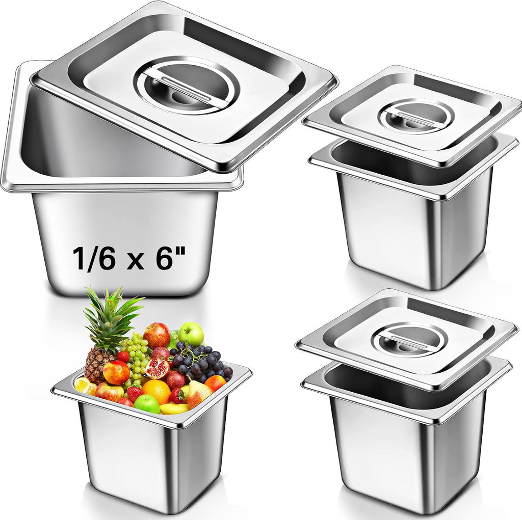 4 Pack 1/6 Size Hotel Steam Table Pans with Lids, 6 Inch Deep