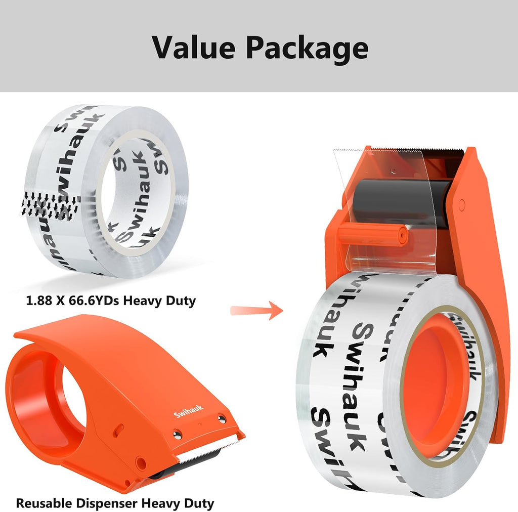 1.88 in x 66.6 YDs Heavy Duty Packing Tape with Dispenser, Strong & Durable Shipping Tape, Packaging Tape, Clear